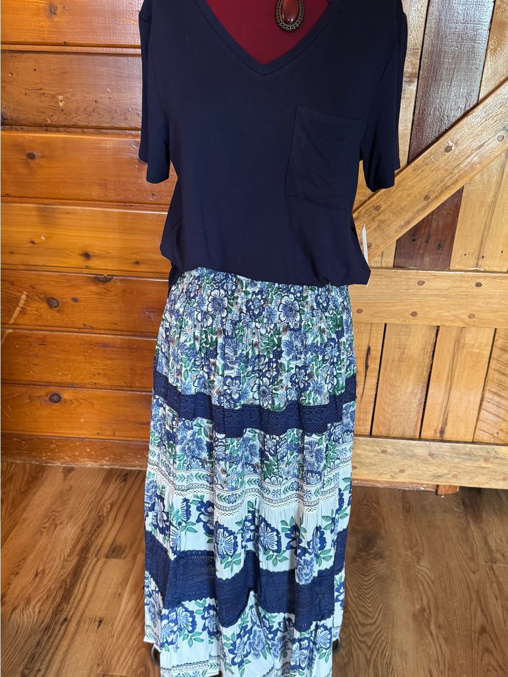 NWT Boho Floral Tiered Maxi Skirt in Blue and Green